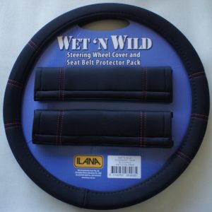 Neoprene Steering Wheel Cover & Seat Belt Protectors: Red Stitch (WETACCBLKRED)